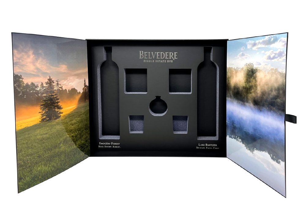 Belvedere black luxury box open to a printed landscape interior, by VSL Packaging