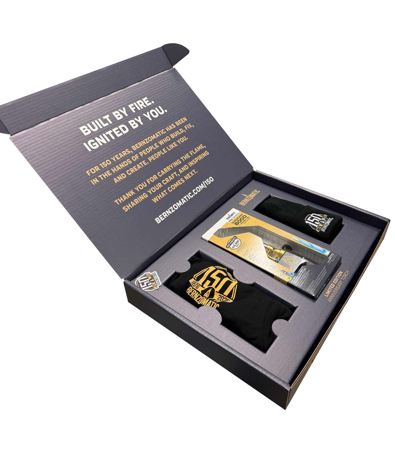 Bernzomatic 150th-anniversary rigid box, open with printed lid and fitted insert, by VSL Packaging