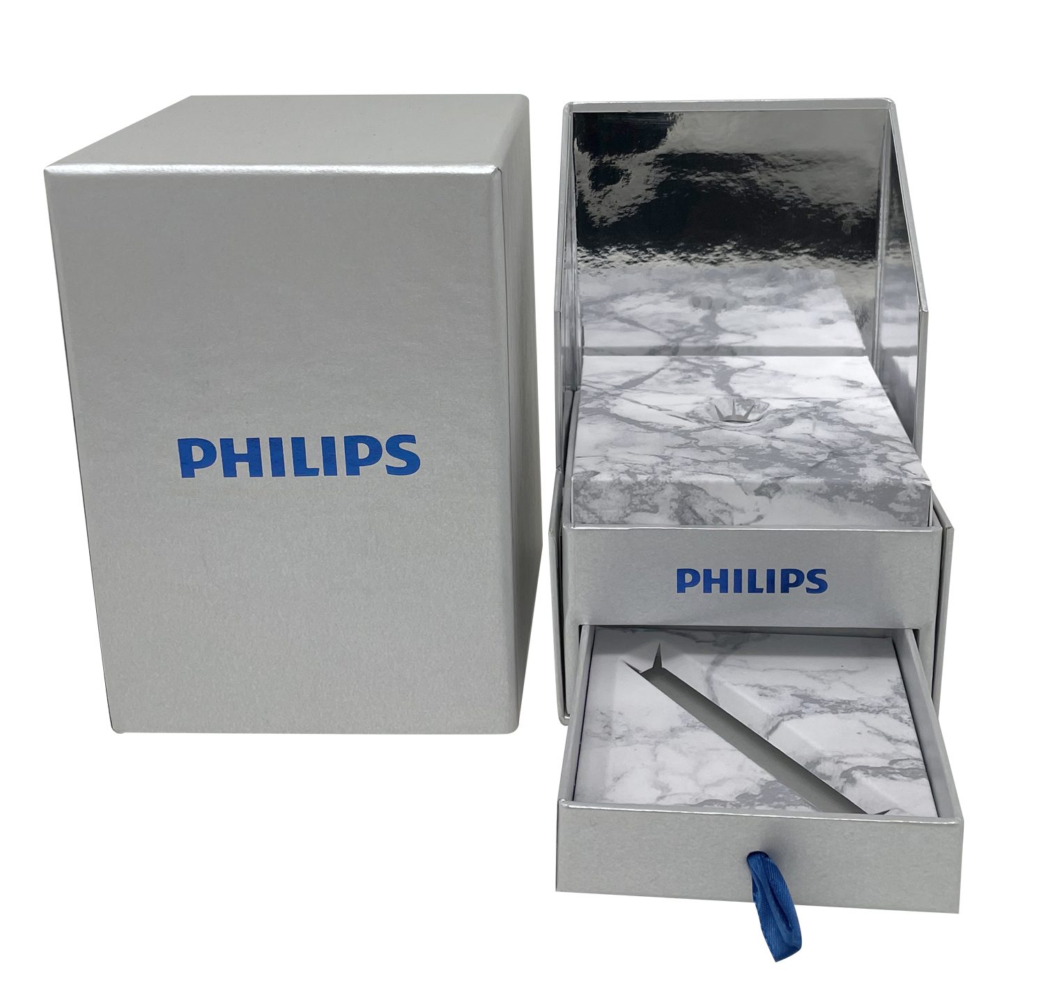 Philips silver drawer box with a marble-print tray by VSL Packaging